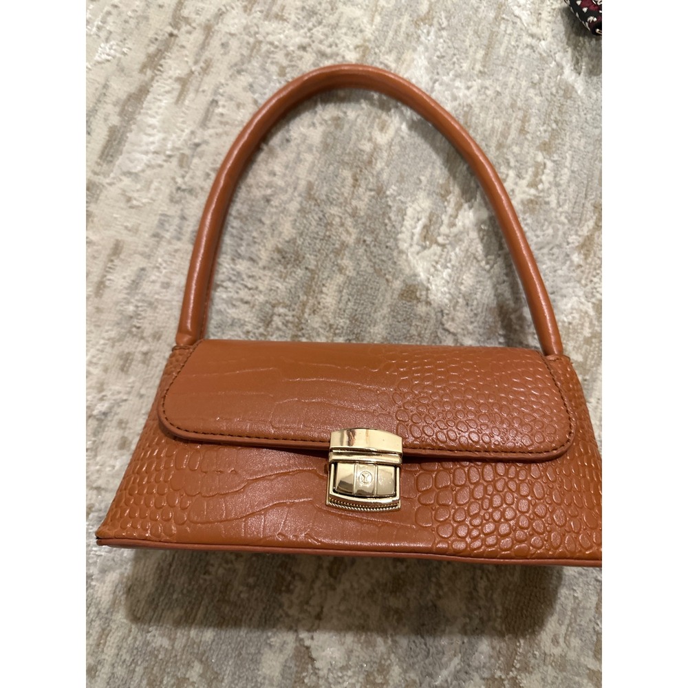 Cognac Brown Croc Embossed Baguette Shoulder Bag Gold Push Lock Small Handbag